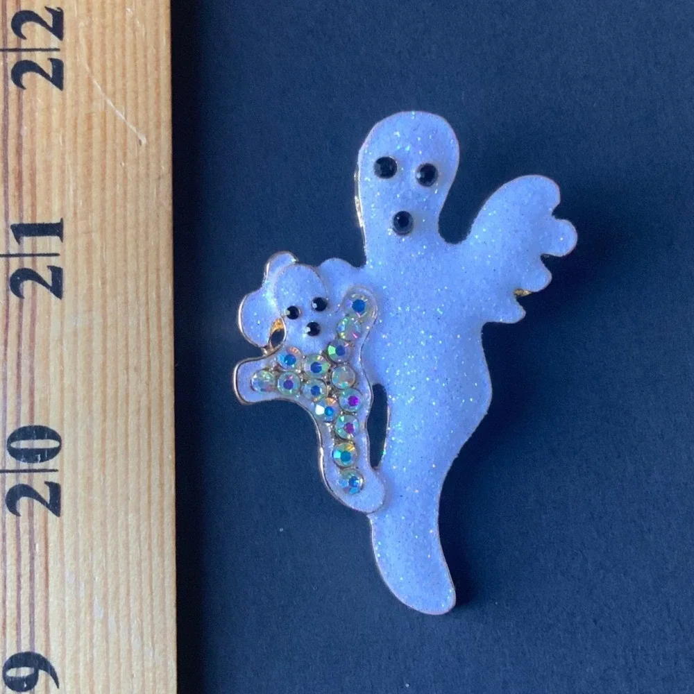 Vintage Halloween Double Ghost Brooch Pin White Glitter Enamel Rhinestone